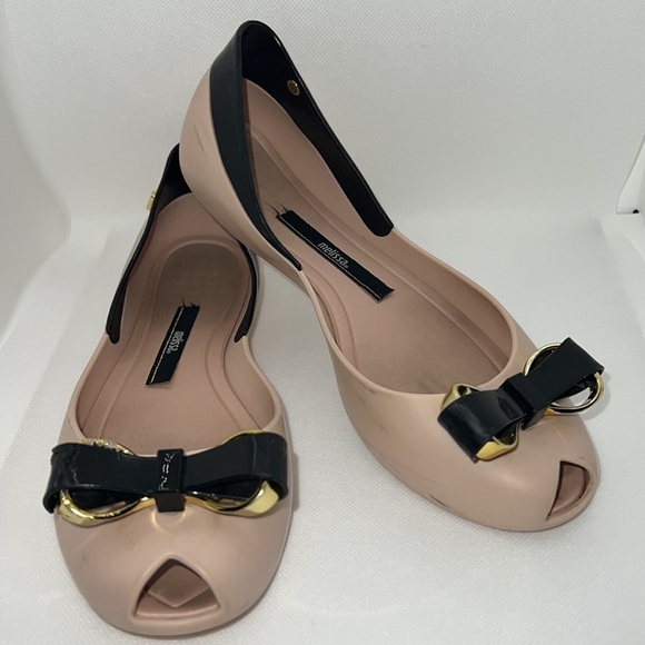 Melissa Queen IV blush black peep toe front bow ballerina flats Sz 6 - Picture 2 of 13